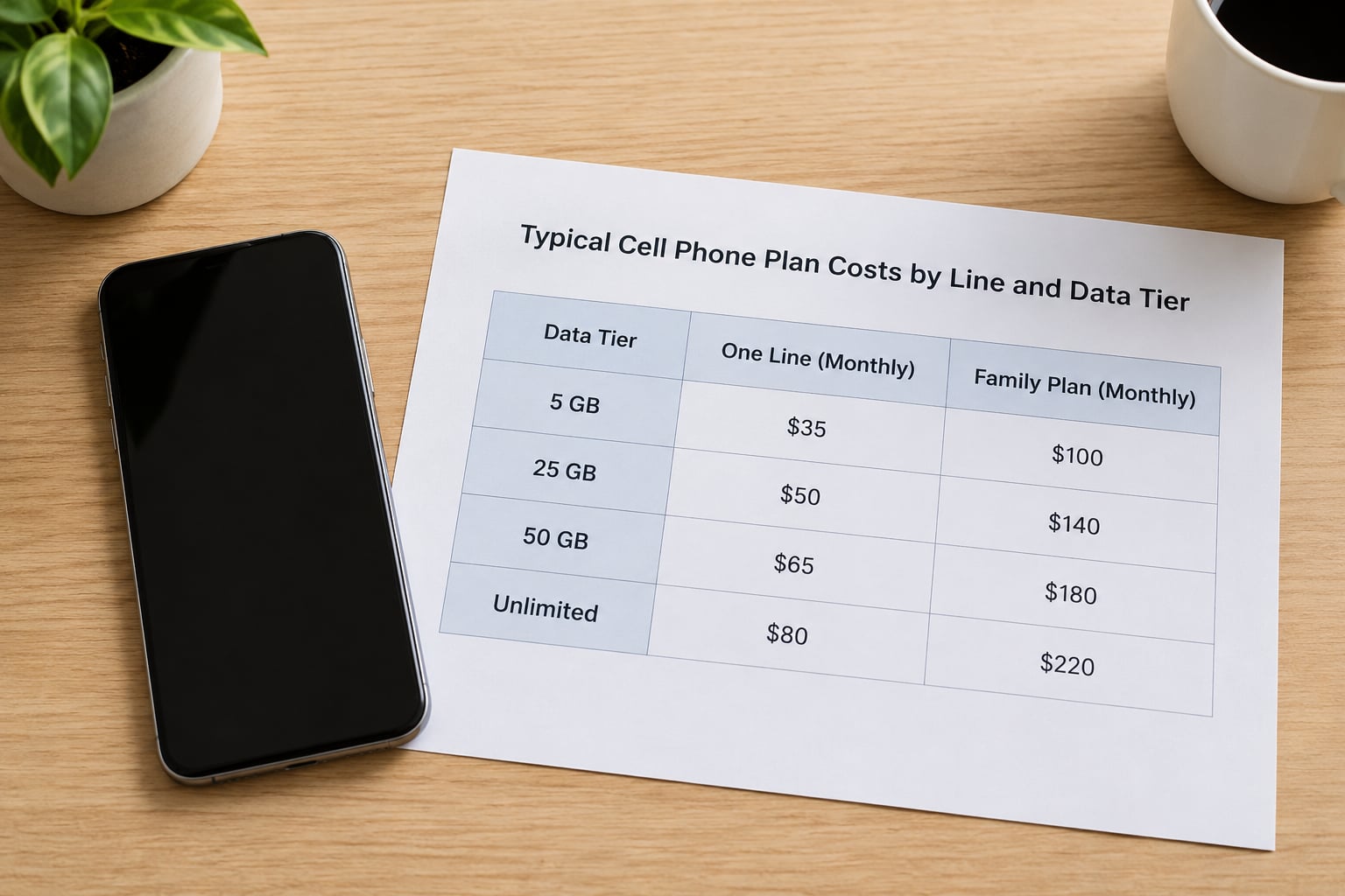 Typical Cell Phone Plan Costs by Line and Data Tier